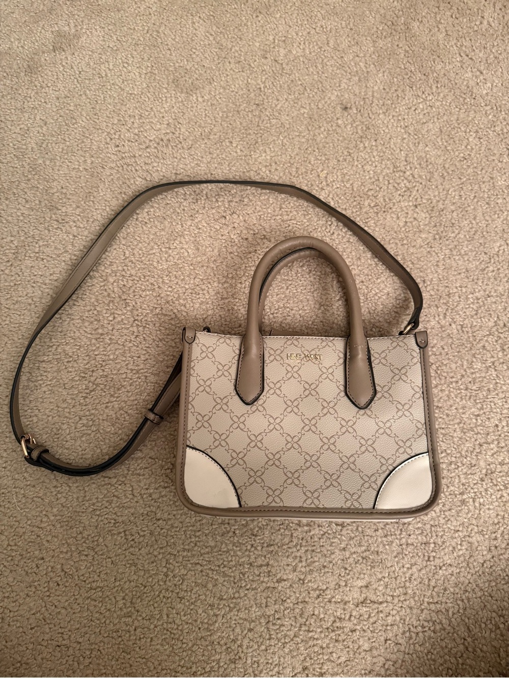 Nine West Beige and White Monogram Satchel with Crossbody Strap